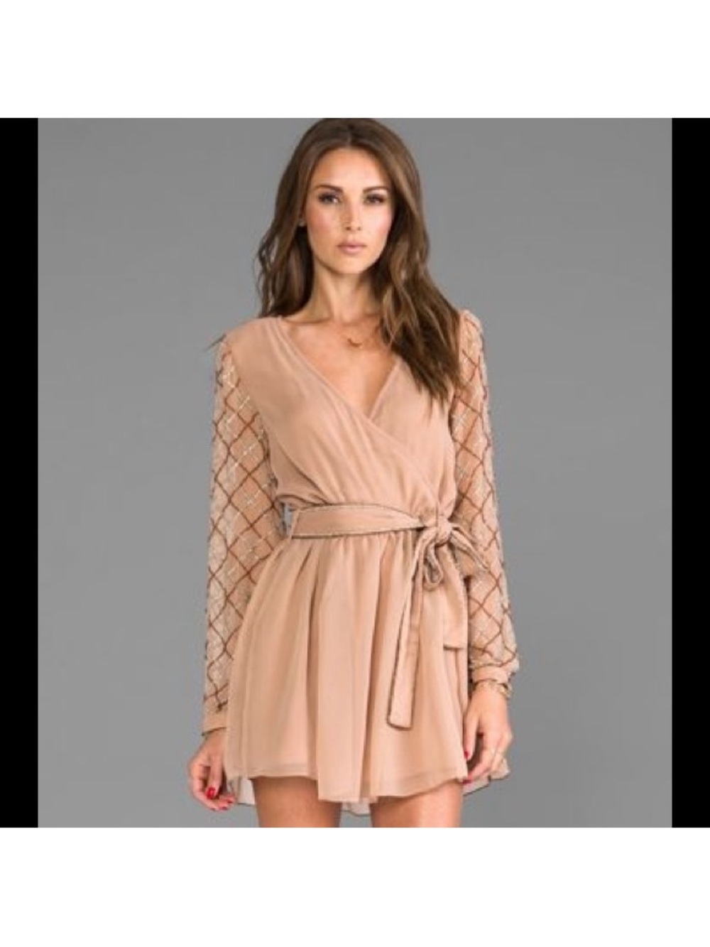 6 Shore Road Blush Wrap Mini Dress with Embellished Sleeves